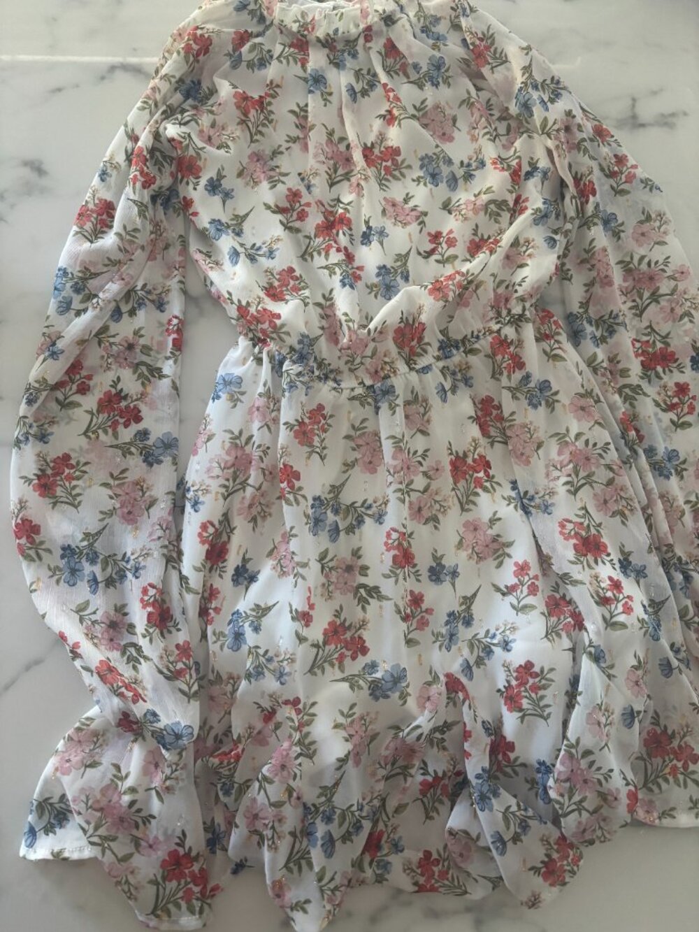 Blue Rain Floral Metallic Shimmer Chiffon Dress Size XXS White Pink Gold - Picture 5 of 7